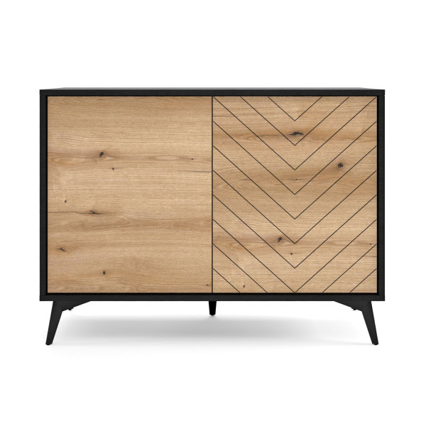 Komoda Dwudrzwiowa z Wzorem Jodełki do Salonu Dąb Evoke Laminowana Czarna DIAMOND