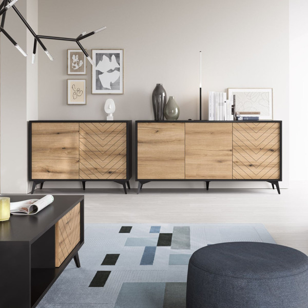 Komoda Dwudrzwiowa z Wzorem Jodełki do Salonu Dąb Evoke Laminowana Czarna DIAMOND