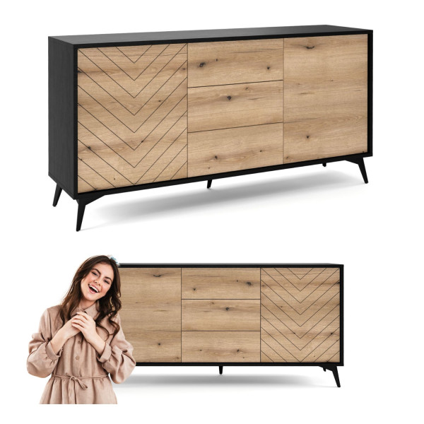 Komoda do Salonu z Szufladami Wzór Jodełki Laminowana Dąb Evoke Czarny Mat DIAMOND