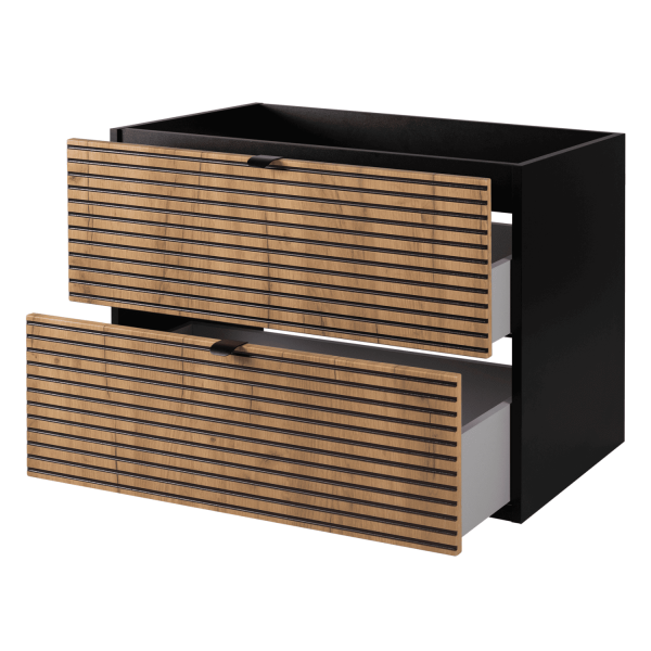 Wisząca Szafka Łazienkowa Dąb 80 cm pod Umywalkę Czarna LOFT Czarne Uchwyty