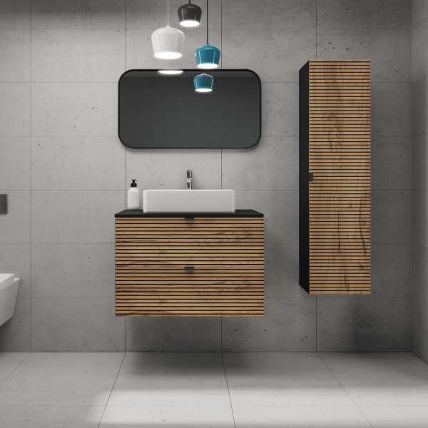 Wisząca Szafka Łazienkowa Dąb 80 cm pod Umywalkę Czarna LOFT Aranżacja