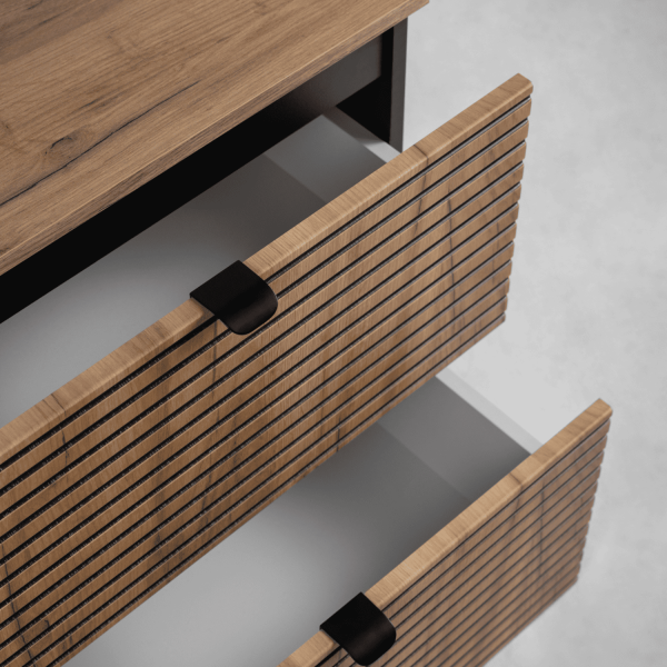 Szafka Łazienkowa 60 cm pod Umywalkę Ryflowana Dąb Czarna LOFT Zbliżenie Szuflady