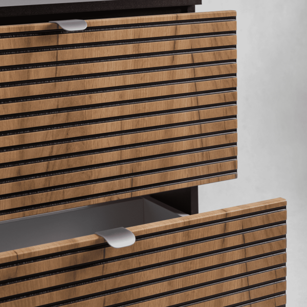 Szafka Łazienkowa 60 cm pod Umywalkę Ryflowana Dąb Czarna LOFT Zbliżenie Szuflada