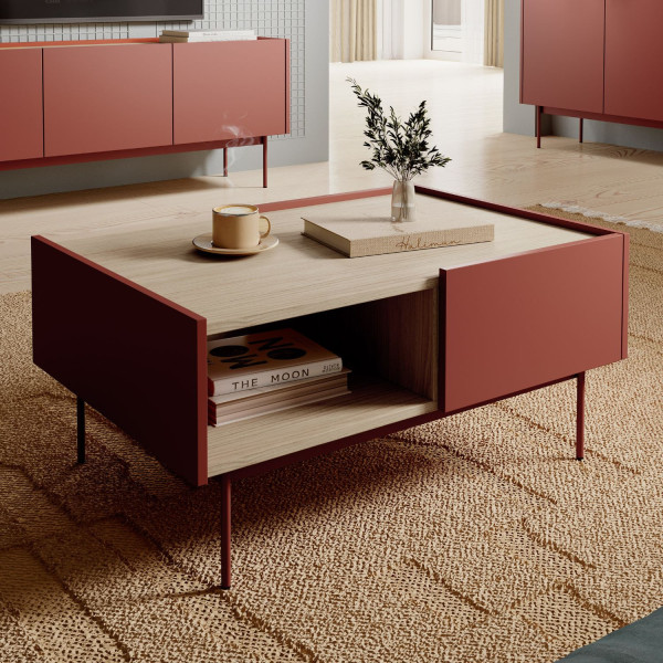 Ława do Salonu Metalowe Nogi z Szufladą Laminowany Nowoczesny Dąb Czerwowy Mat COLOR