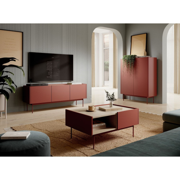 Ława do Salonu Metalowe Nogi z Szufladą Laminowany Nowoczesny Dąb Czerwowy Mat COLOR