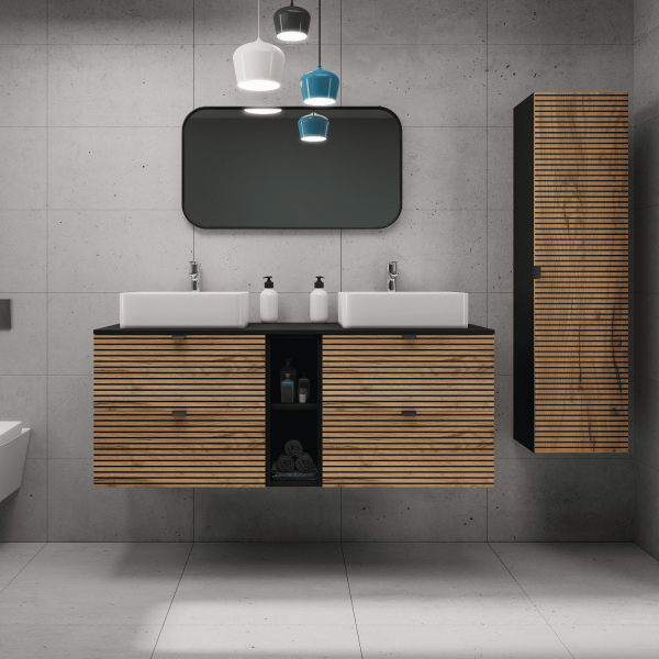 Szafka 180 cm z Regałem pod Umywalkę Czarna Dąb LOFT Aranżacja