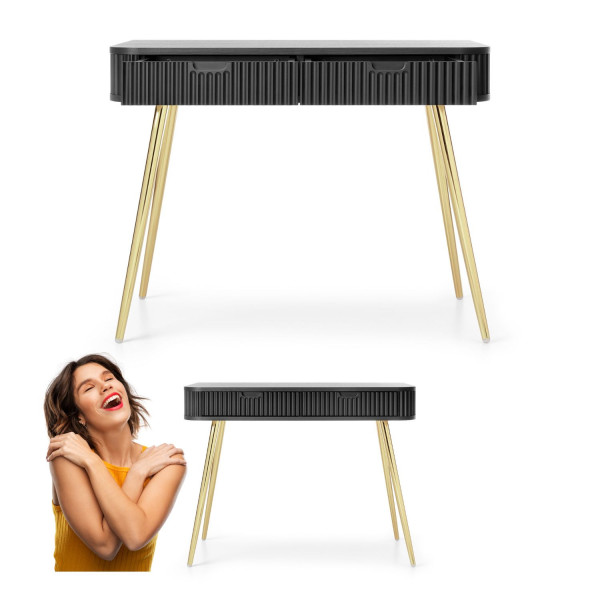 Ryflowana Toaletka z Szufladami Złote Metalowe Nogi Czarny Nowoczesny Mat ZOVA