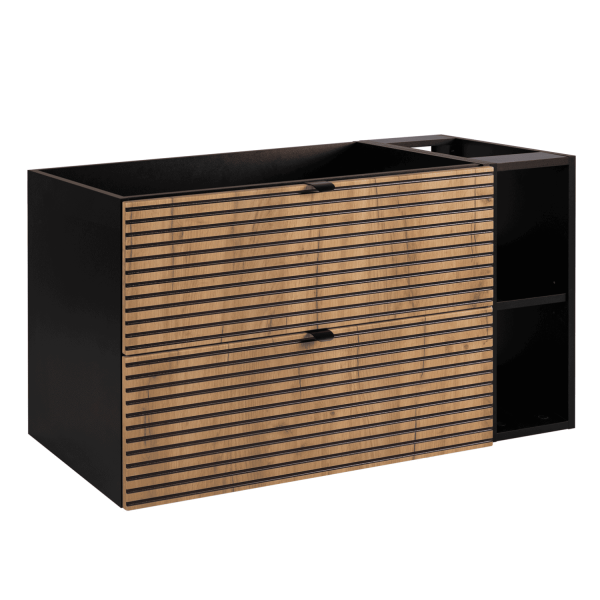 Wisząca Szafka Dąb 100 cm z Regałem pod Umywalkę Czarna LOFT  Czarny Uchwyt