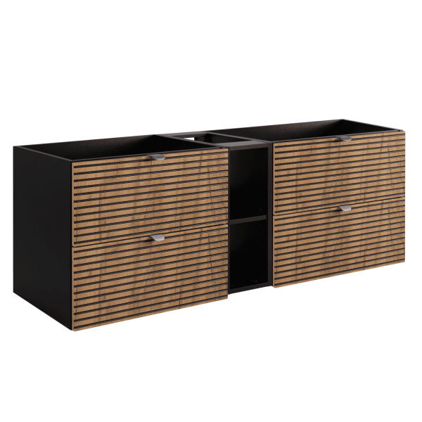 Szafka pod Umywalkę 140 cm z Regałem Ryflowana Dąb Czarna LOFT Srebrne Uchwyty