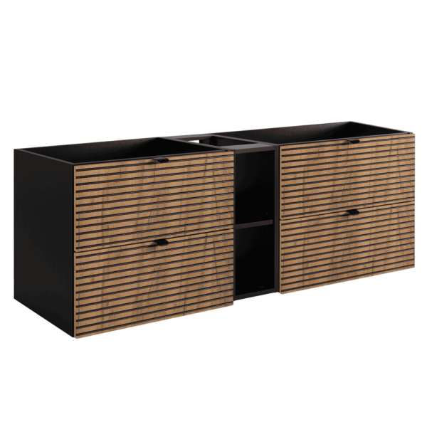 Szafka pod Umywalkę 140 cm z Regałem Ryflowana Dąb Czarna LOFT Czarne Uchwyty