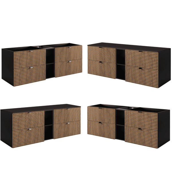 Szafka pod Umywalkę 140 cm z Regałem Ryflowana Dąb Czarna LOFT z Blatem