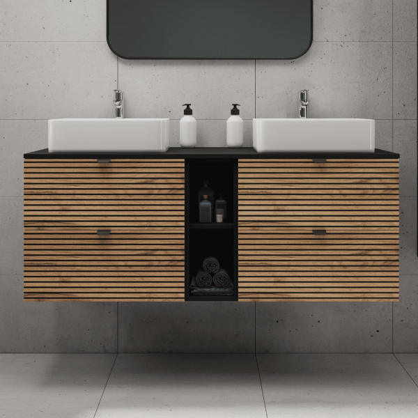 Szafka pod Umywalkę 140 cm z Regałem Ryflowana Dąb Czarna LOFT Aranżacja