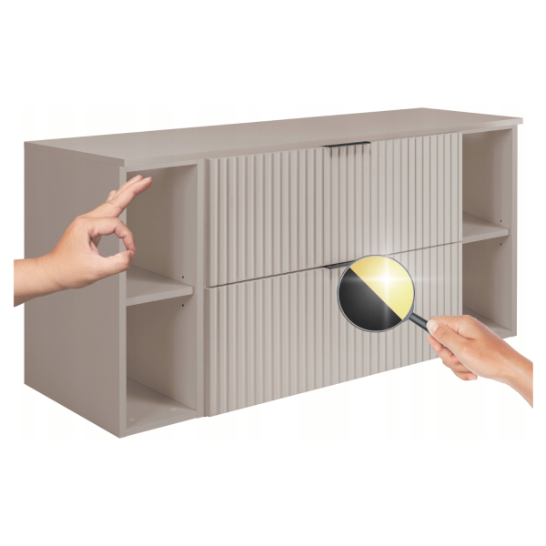 Szafka Pod Umywalkę 120 cm z Blatem z Regałami Beżowa Kaszmir FLOW Dwa Kolory Uchwytów