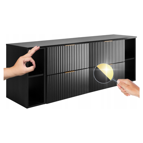Szafka pod Umywalkę 160 cm z Blatem Nowoczesna z Regałami Wisząca Czarna FLOW Dwa Kolory Uchwytów