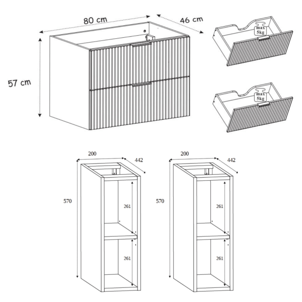 Szafka pod Umywalkę 120 cm Czarna Dąb FLOW Wymiary