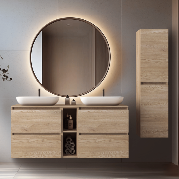 Szafka pod Umywalkę z Blatem 100 cm z Regałem Wisząca Nowoczesna Jasny Dąb do Łazienki SIMPLE Szafka 140 cm