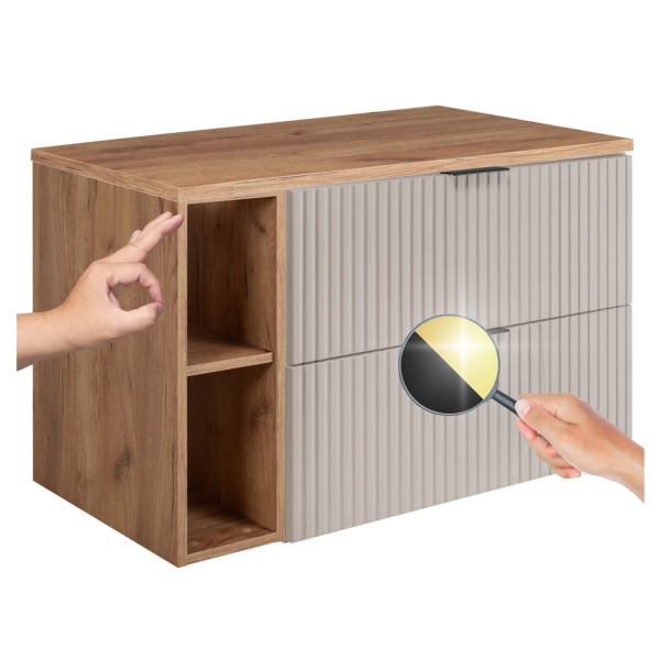 Szafka pod Umywalkę z Blatem 100 cm Wisząca Ryflowana z Regałem Kaszmir Dąb FLOW Dwa Kolory Uchwytów