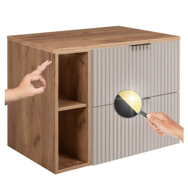 Szafka pod Umywalkę z Blatem 80 cm Wisząca Ryflowana z Regałem Kaszmir Dąb FLOW Dwa Kolory Uchwytów