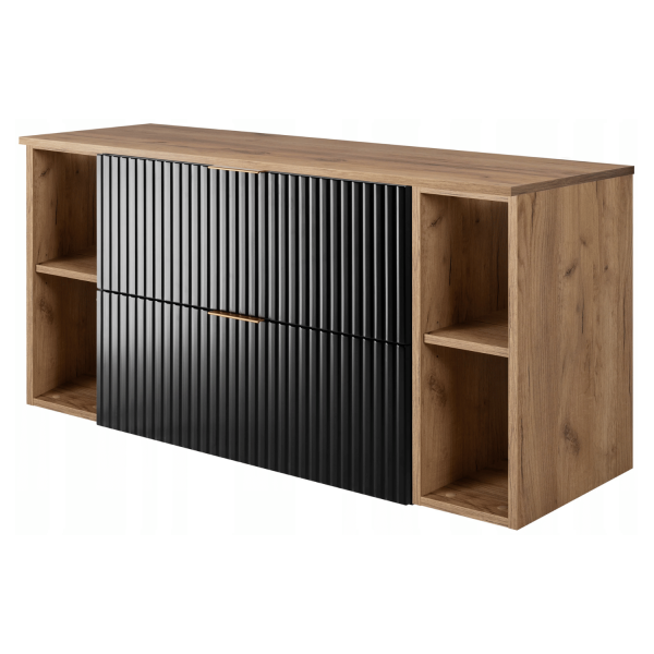Szafka pod Umywalkę 120 cm z Blatem Nowoczesna z Regałami Dąb Czarna Łazienkowa FLOW Lewy Front