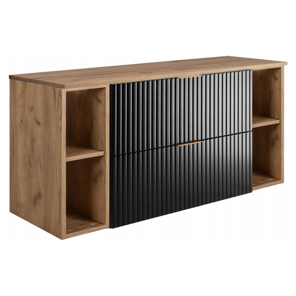 Szafka pod Umywalkę 120 cm z Blatem Nowoczesna z Regałami Dąb Czarna Łazienkowa FLOW Prawy Front