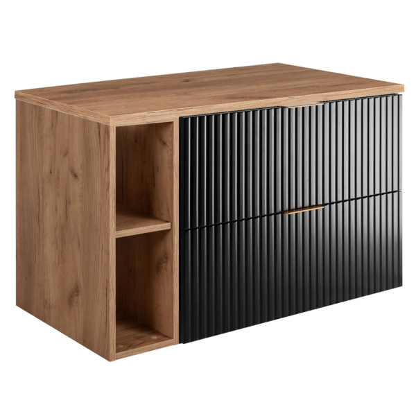 Szafka Łazienkowa 100 cm z Blatem pod Umywalkę Czarna Dąb z Regałem FLOW Prawy Front