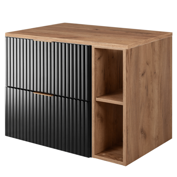 Szafka pod Umywalkę 80 cm z Blatem z Regałem Czarna Dąb do Łazienki FLOW Lewy Front