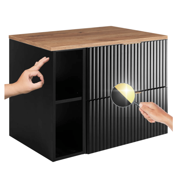 Szafka pod Umywalkę 80 cm z Blatem Nowoczesna z Regałem Ryflowana Dąb Czarna FLOW
