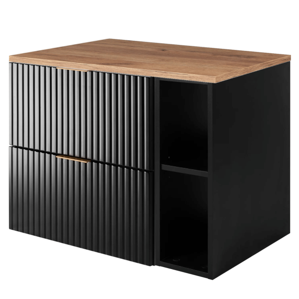 Szafka pod Umywalkę 80 cm z Blatem Nowoczesna z Regałem Ryflowana Dąb Czarna FLOW Lewy Front
