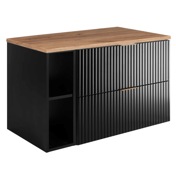 Szafka pod Umywalkę 100 cm Wisząca Ryflowana Czarna Dąb z Blatem FLOW Prawy Front