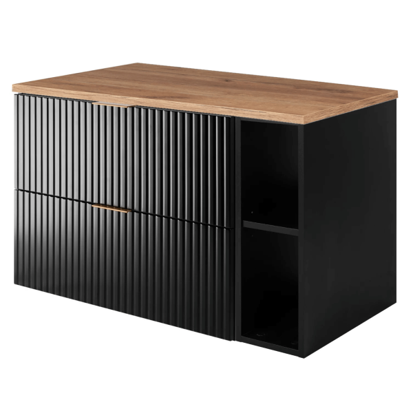 Szafka pod Umywalkę 100 cm Wisząca Ryflowana Czarna Dąb z Blatem FLOW Lewy Front