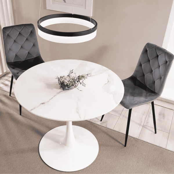 Biały Ceramiczny Stół Okrągły do Salonu do Jadalni Kuchni Metal Loft SEPRO