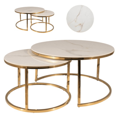 Ceramiczny Zestaw Ław Okrągły do Salonu do Pokoju Stolik Biały Złoty ORFI