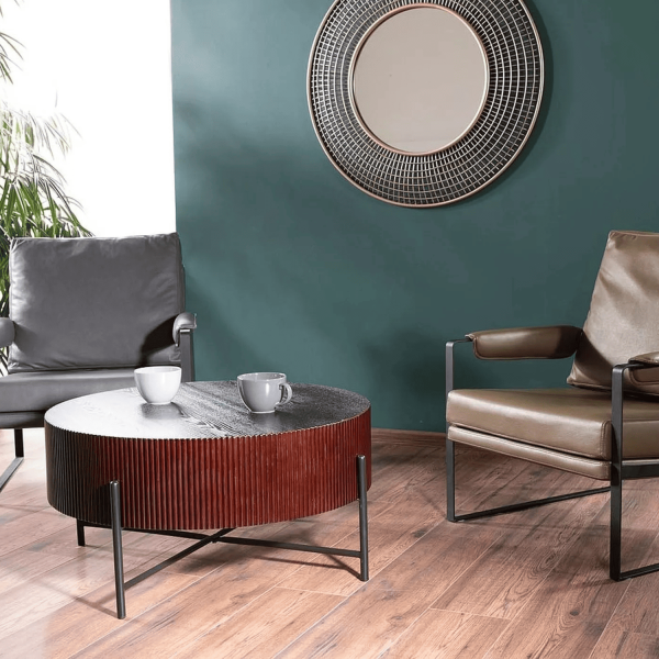 Okrągła Ława do Salonu do Pokoju Orzechowy Czarny Metal Loft OCTA
