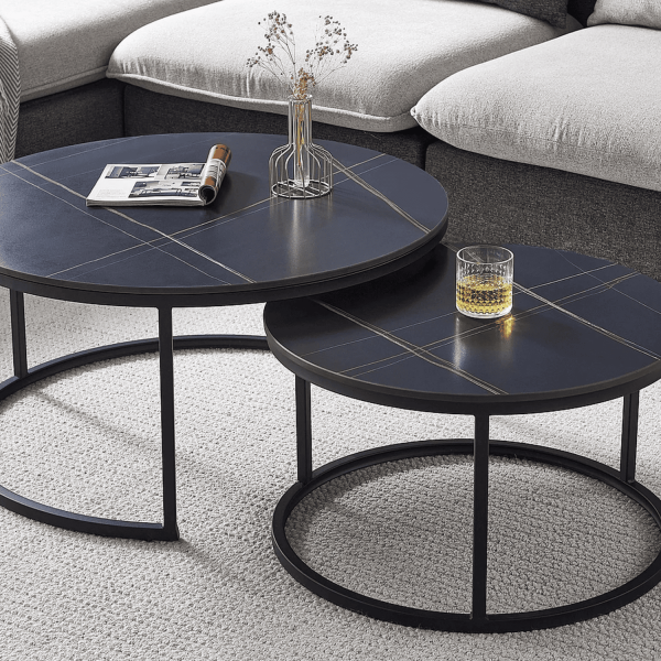 Ceramiczny Zestaw Ław Okrągłych do Salonu Pokoju Stolik Kawowy Czarny ARANTO
