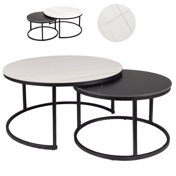 Ceramiczny Okrągły Zestaw Ław do Salonu Pokoju Stolik Czarny Biały ARANTO