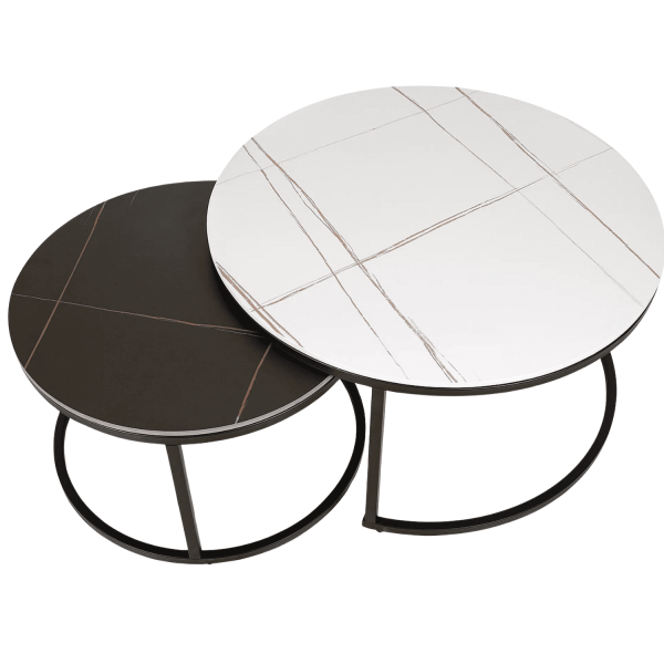 Ceramiczny Okrągły Zestaw Ław do Salonu Pokoju Stolik Czarny Biały ARANTO