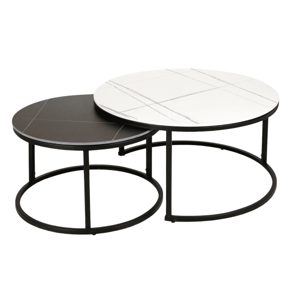 Ceramiczny Okrągły Zestaw Ław do Salonu Pokoju Stolik Czarny Biały ARANTO
