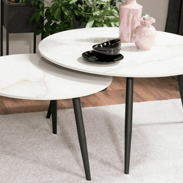 Okrągły Zestaw Ław Ceramicznych do Salonu Pokoju Stolik Kawowy Biały ORBI