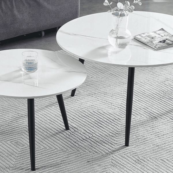Okrągły Zestaw Ław Ceramicznych do Salonu Pokoju Stolik Kawowy Biały ORBI