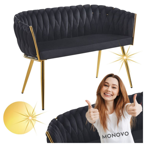 Nowoczesna Sofa Tapicerowana Glamour do Salonu Plecione Oparcie z Podłokietnikami Czarny Welur VELVI
