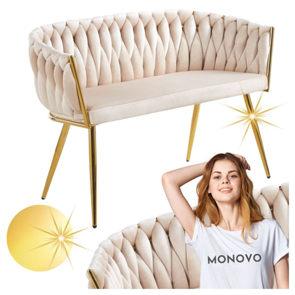 Beżowa Sofa Tapicerowana Pleciona do Salonu Welurowy Beż Glamour Złote Nogi VELVI