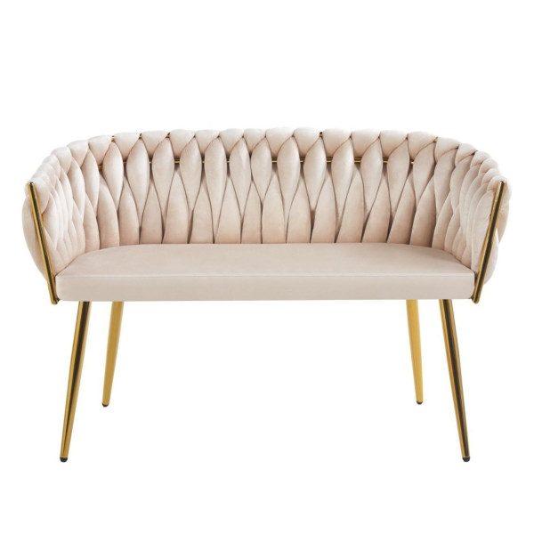 Beżowa Sofa Tapicerowana Pleciona do Salonu Welurowy Beż Glamour Złote Nogi VELVI