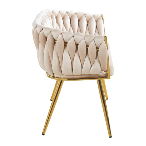 Beżowa Sofa Tapicerowana Pleciona do Salonu Welurowy Beż Glamour Złote Nogi VELVI