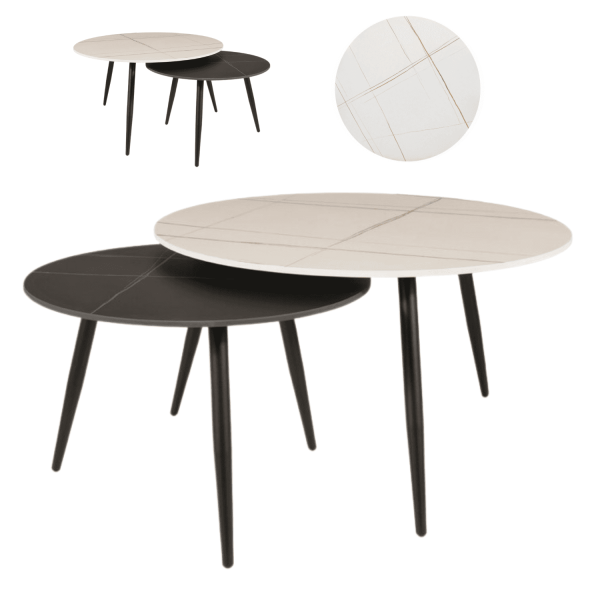 Zestaw Ław Okrągłych Ceramicznych do Salonu Pokoju Biały Czarny ORBI