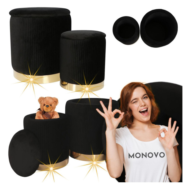 Pufy Zestaw 2x Pufa Glamour do Salonu Tapicerowana Plisowana Otwierana Czarna Welurowa MIKO