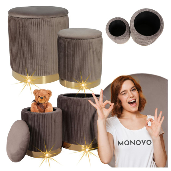 Nowoczesny Zestaw 2x Pufa Tapicerowana Okrągła Złoty Glamour Otwierana Welurowa Szara Velvet MIKO
