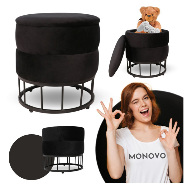Czarna Pufa Tapicerowana ze Schowkiem do Salonu Nowoczesny Welurowy Czarny Velvet OASIS