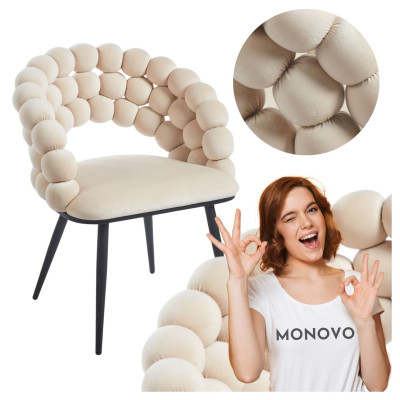 Krzesło Tapicerowane do Jadalni Salonu Metalowe Bąbelkowe Oparcie Welurowe Beżowe BUBLI