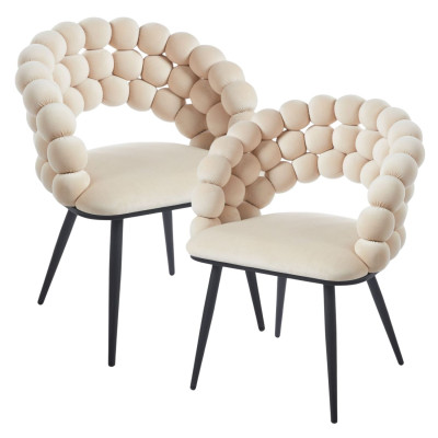 Krzesło Tapicerowane do Jadalni Salonu Metalowe Bąbelkowe Oparcie Welurowe Beżowe BUBLI