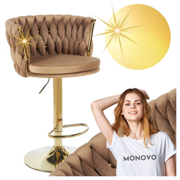 Regulowany Hoker Tapicerowany do Kuchni Baru Pleciony Glamour Cappuccino Złoty Welurowy GLERO
